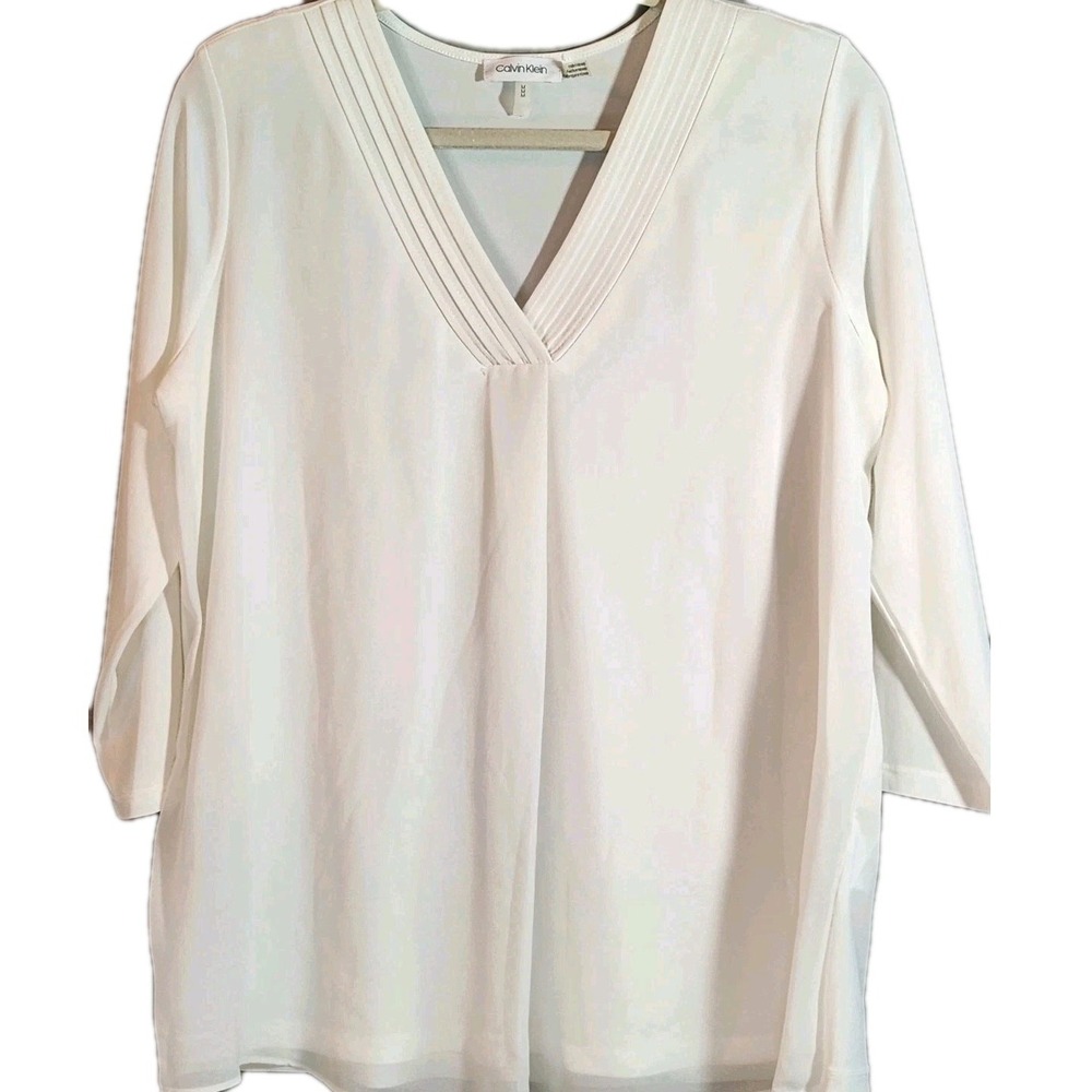 Calvin Klein Blouse Woman White Gold Accent Logo Boho Airy 3/4 Sleeve Vneck Med.